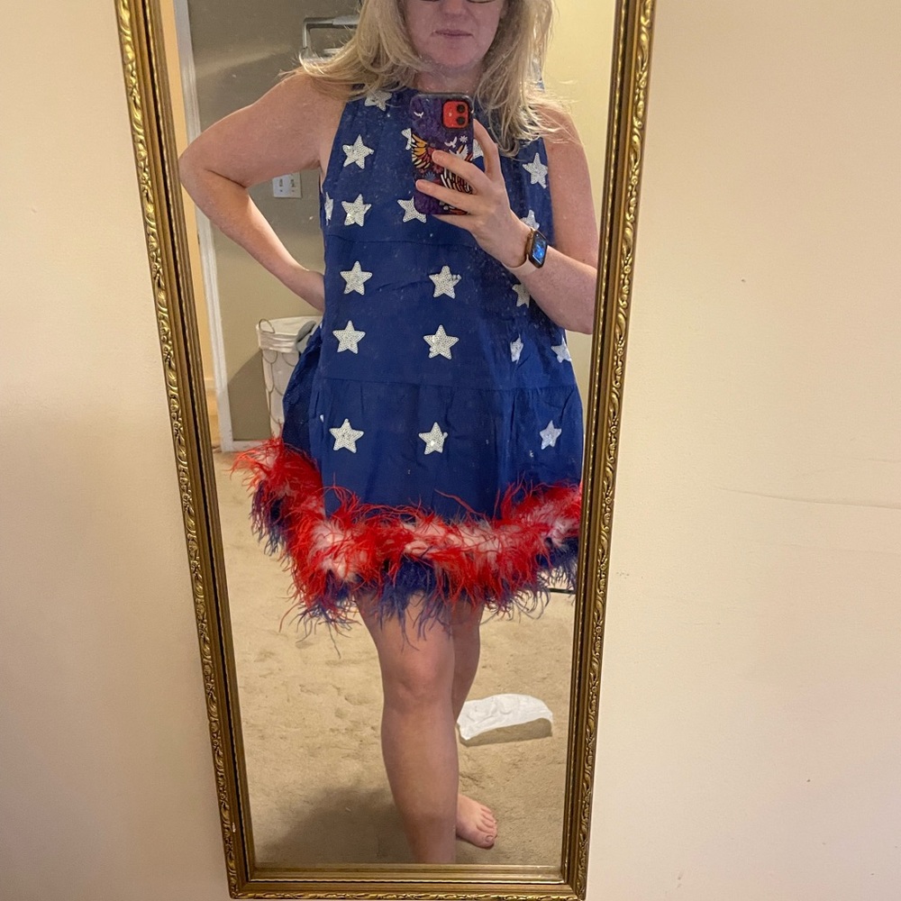 Queen of sparkles- blue star feather bottom tank dress. Size L